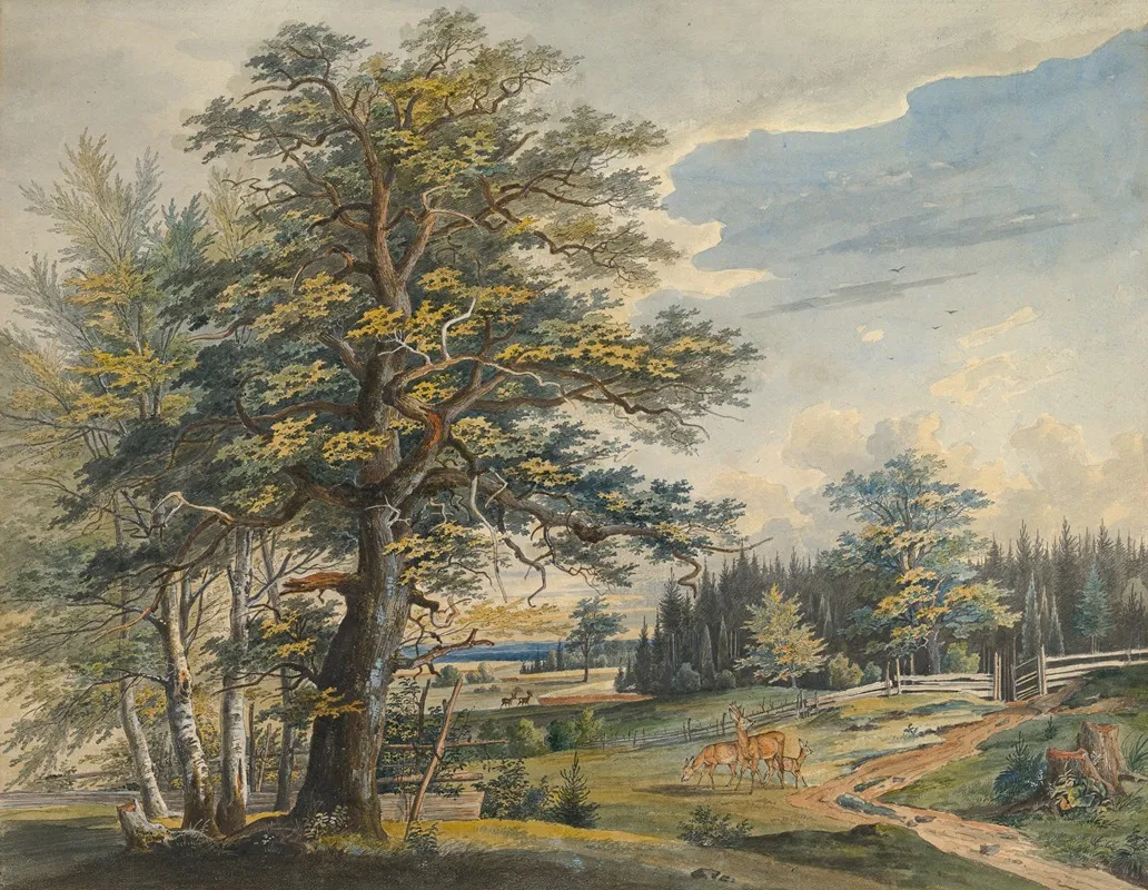 Wooded Landscape With Stag Wall Art by Carl August Lebschee - High-Resolution Digital Print