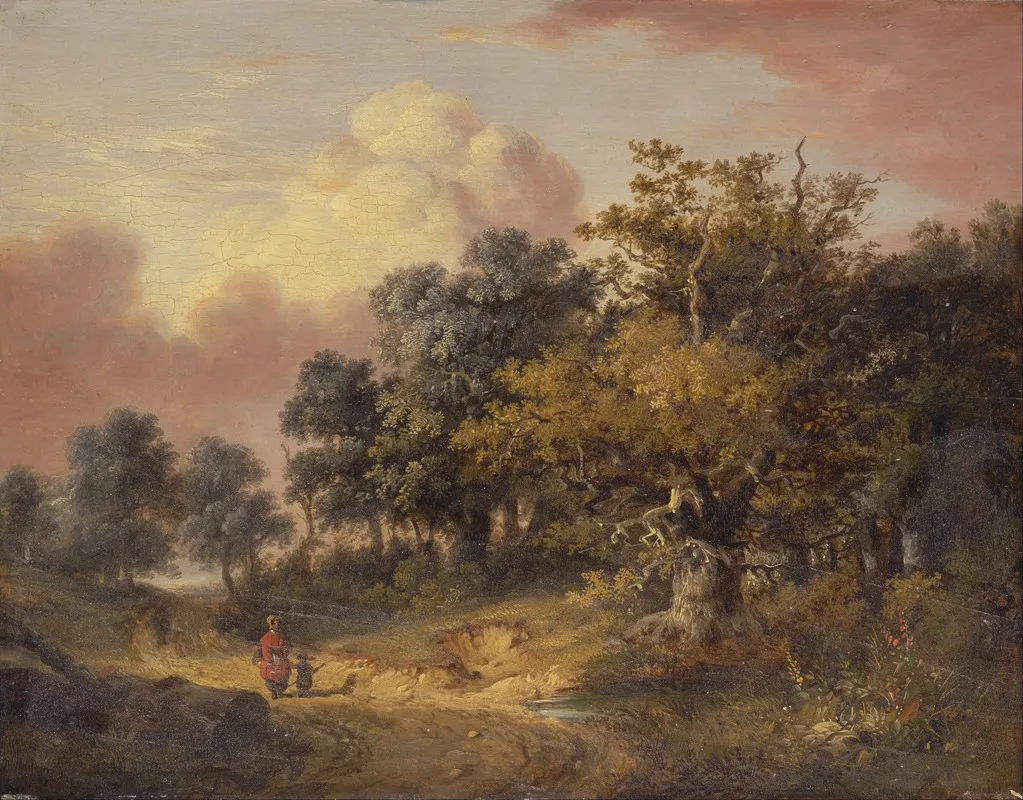 Wooded Landscape With Woman And Child Walking Down A Road Wall Art by Robert Ladbrooke - High-Resolution Digital Print