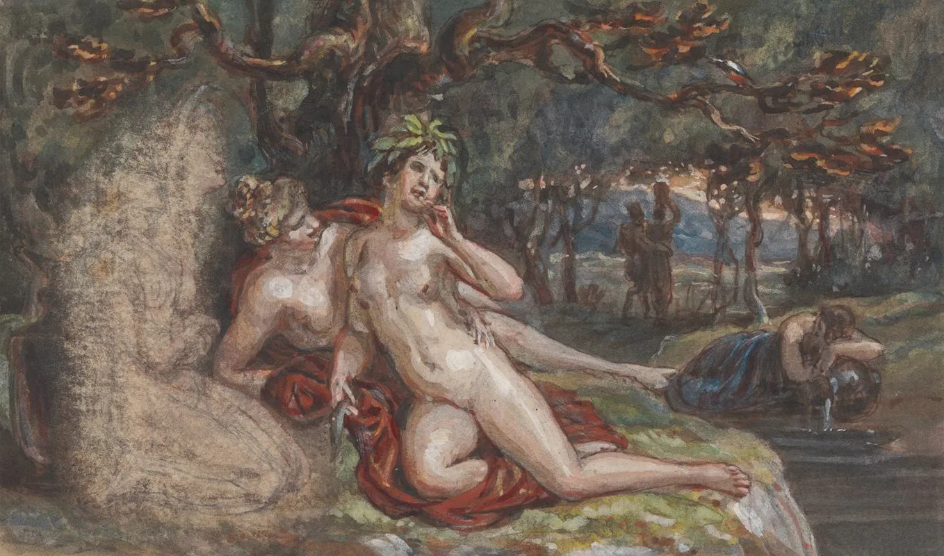 Wooded Scene With A Couple Laying Under A Tree By A Stream Wall Art by Robert Smirke - High-Resolution Digital Print