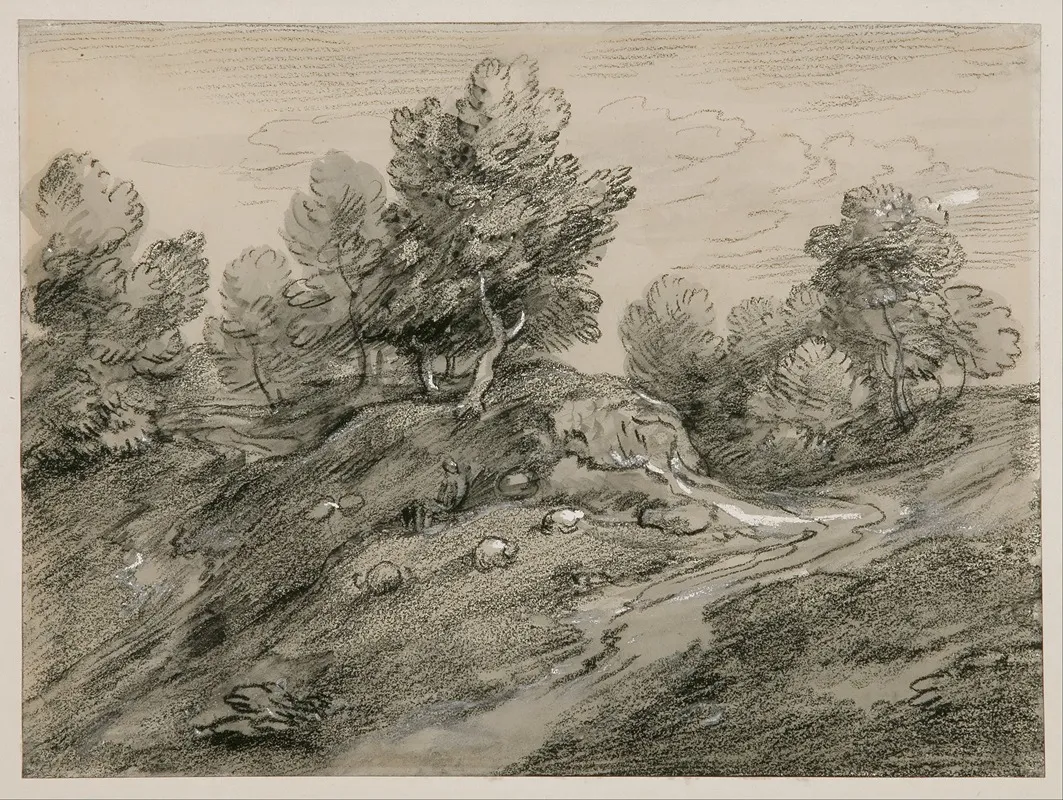 Wooded Upland Landscape With Shepherd And Sheep And Country Track Winding Around A Knoll Wall Art by Thomas Gainsborough - High-Resolution Digital Print