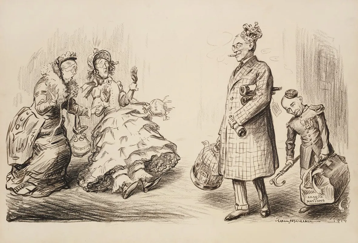 Woodrow Wilson Walks By Two Shocked Older Ladies Representing Prohibition And Democracy
