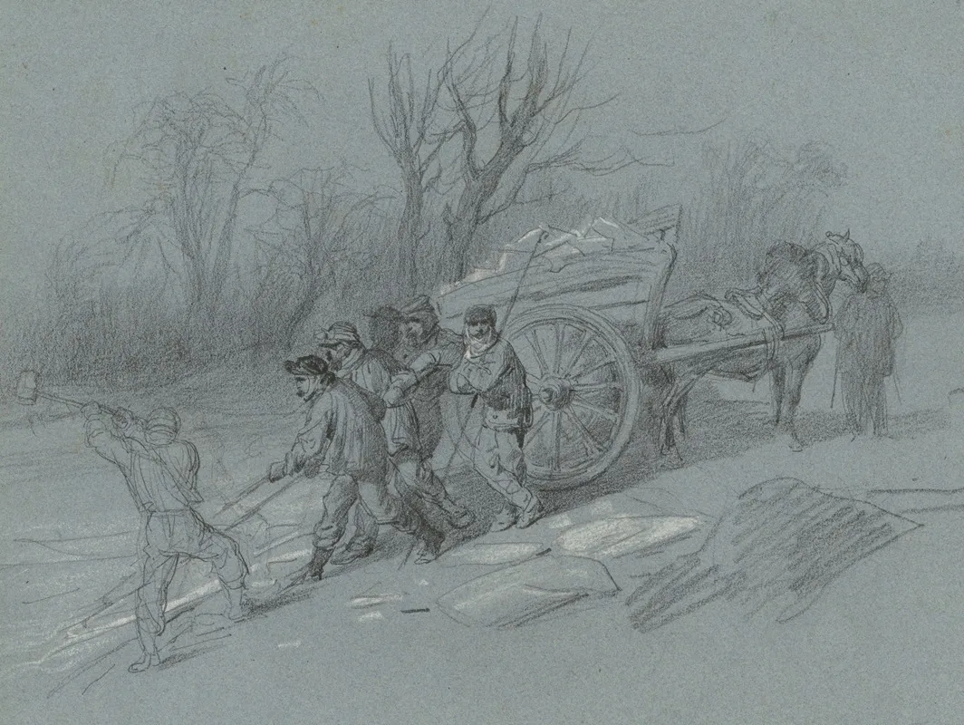 Workmen Gathering Ice At The Waters Edge Wall Art by Hippolyte Lalaisse - High-Resolution Digital Print