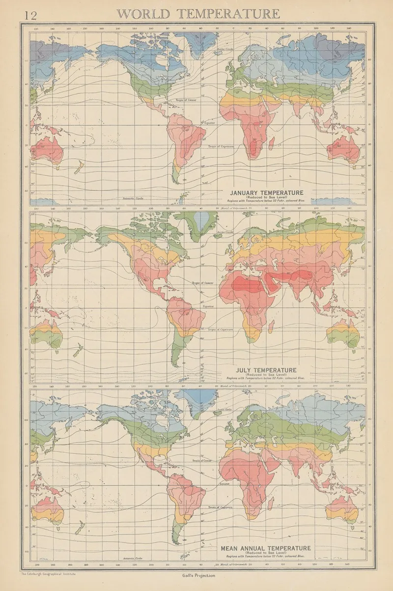 World Temperature January And July Mean Annual Temperature Wall Art by John George Bartholomew - High-Resolution Digital Print