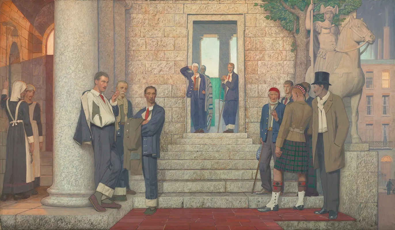 Wounded And Sick Men Gathered Outside A Hospital Wall Art by Frederick Cayley Robinson - High-Resolution Digital Print
