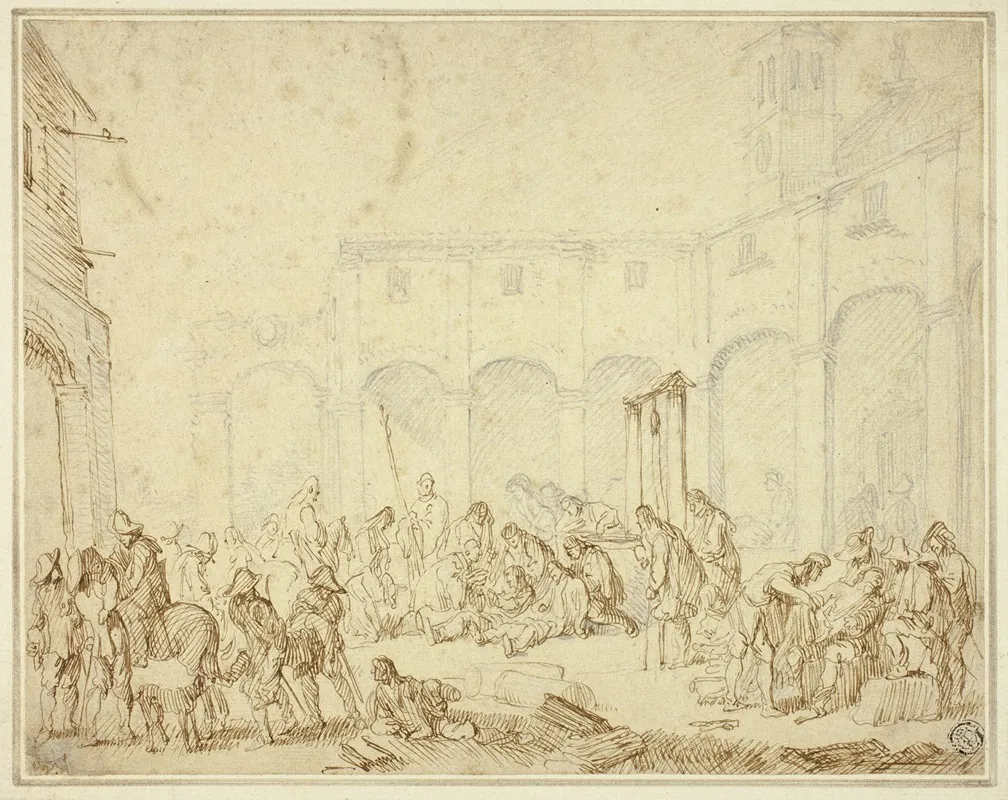 Wounded Soldiers In A Courtyard On Town Square