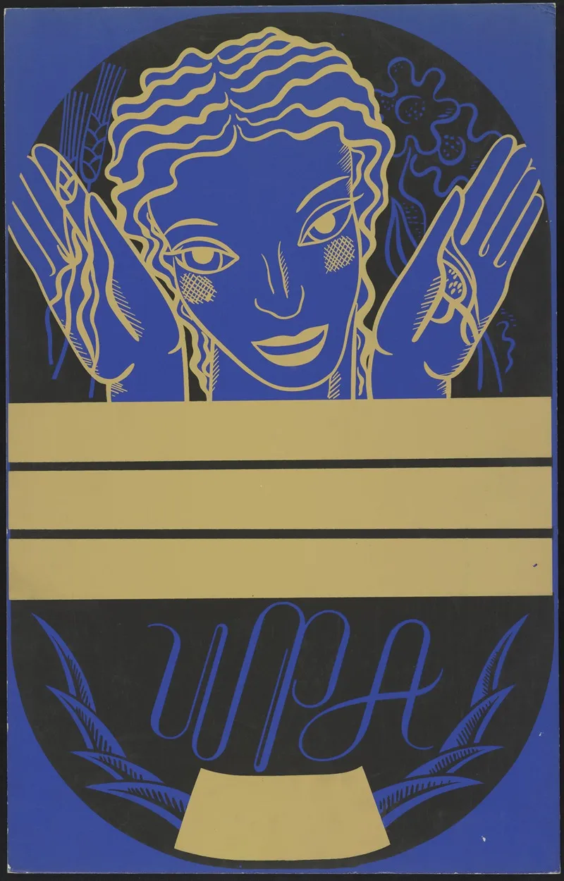 Wpa Poster Design Showing The Head And Hands Of A Woman Holding Flowers And Wheat 2