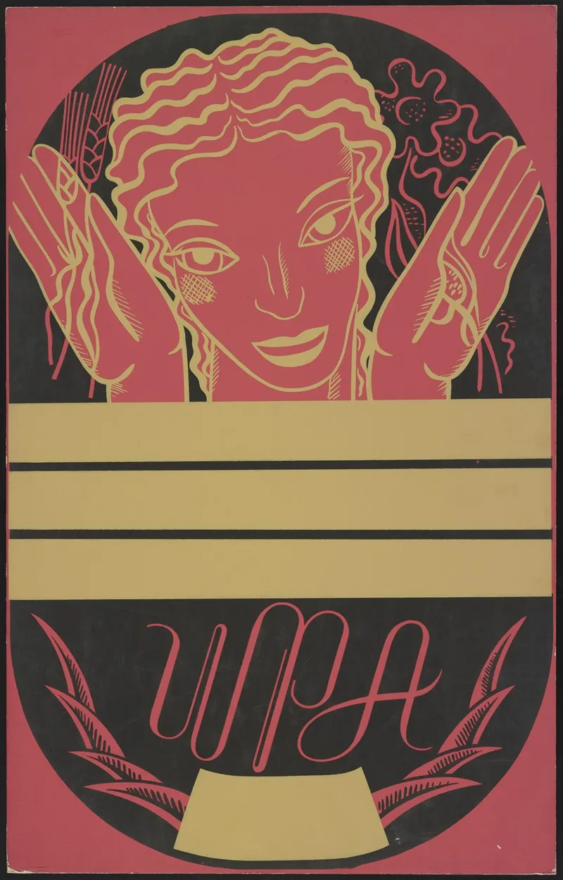Wpa Poster Design Showing The Head And Hands Of A Woman Holding Flowers And Wheat