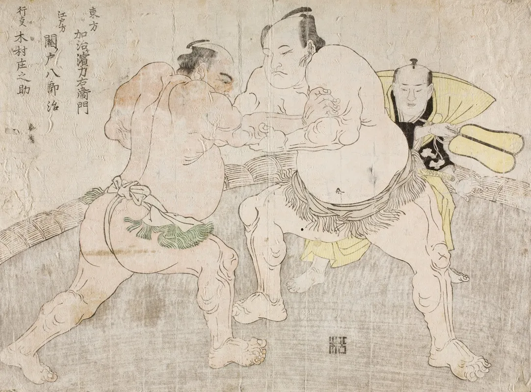 Wrestlers Kajigahama Rikiemon Of The Eastern Group And Sekinoto Hachiroji Of The Edo Tea With The Umpire Kimura Shonosuke