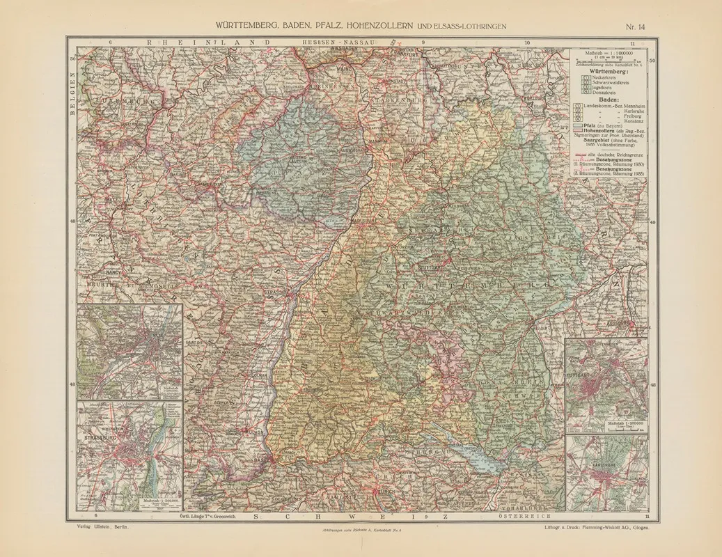 Wurttemberg Baden Pfalz Hohenzollern Und Elsass Lothringen Wall Art by Geographisches Institut der Flemming-Wiskott - High-Resolution Digital Print