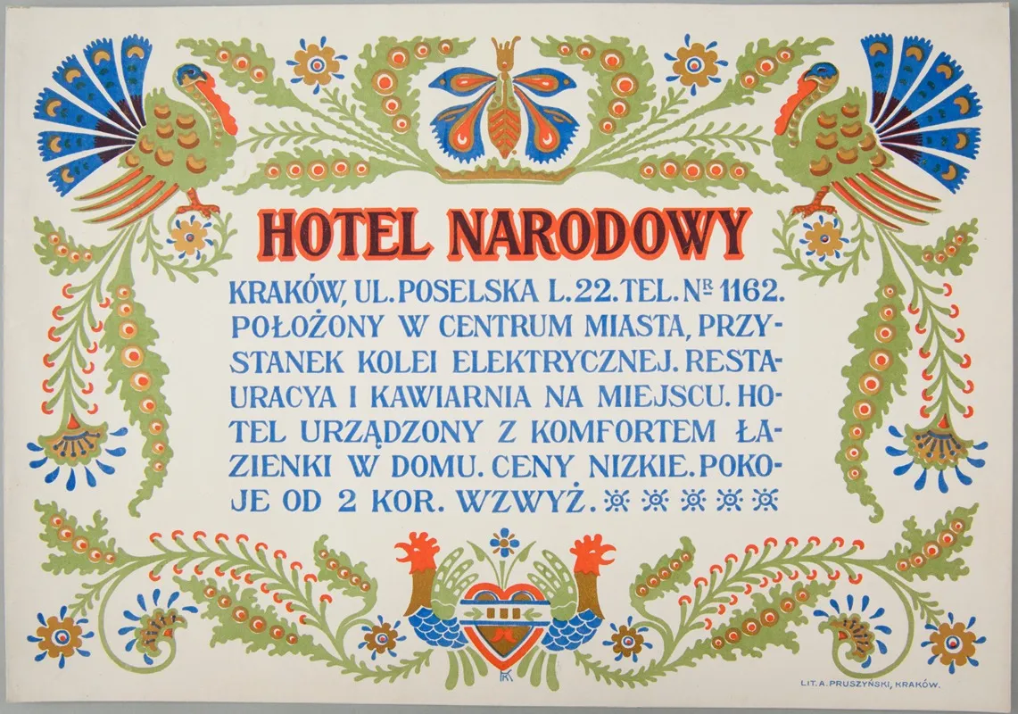 Wywieszka Reklamowa Hotelu Narodowego W Krakowie Wall Art by Stanisław Klemens Kostecki - High-Resolution Digital Print