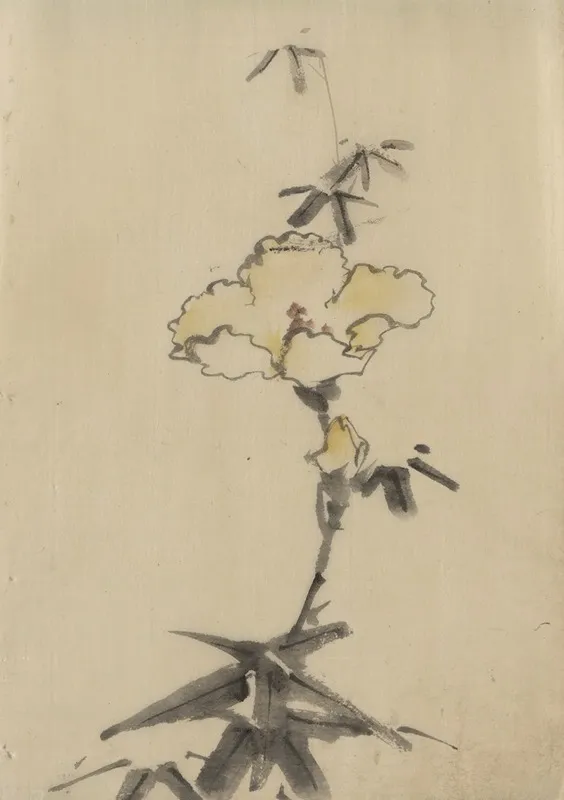 Yellow Blossom With Bud On A Stalk Above Leaves Wall Art by Katsushika Hokusai - High-Resolution Digital Print