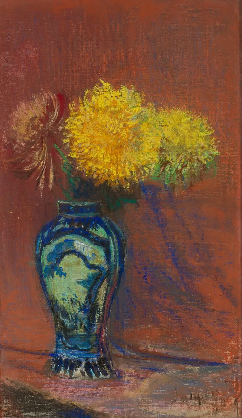 Yellow Chrysanthemums In A Chinese Vase