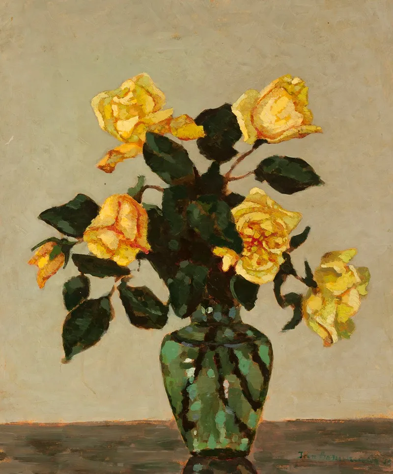 Yellow Roses And Green Flower Vase Wall Art by Jan Bohuszewicz - High-Resolution Digital Print