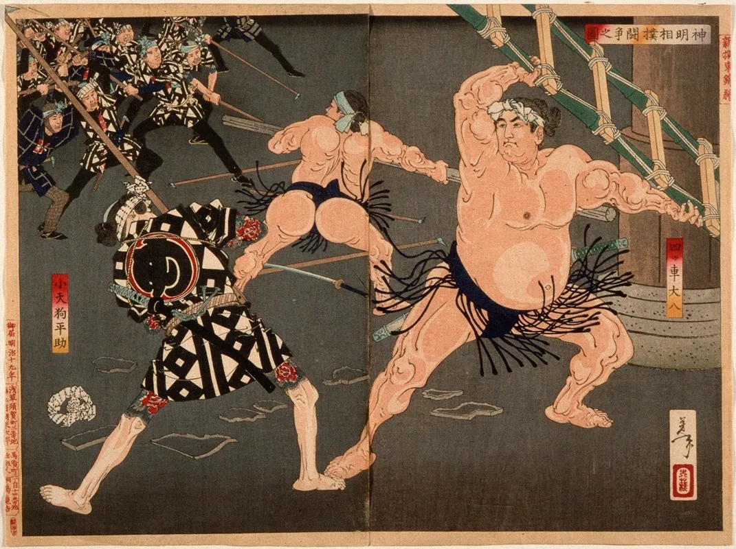 Yotsuguruma Daihachi And Kotengu Heisuke Duel During The Battle Of The Wrestlers And The Firemen At Shinmei Shrine Wall Art by Tsukioka Yoshitoshi - High-Resolution Digital Print