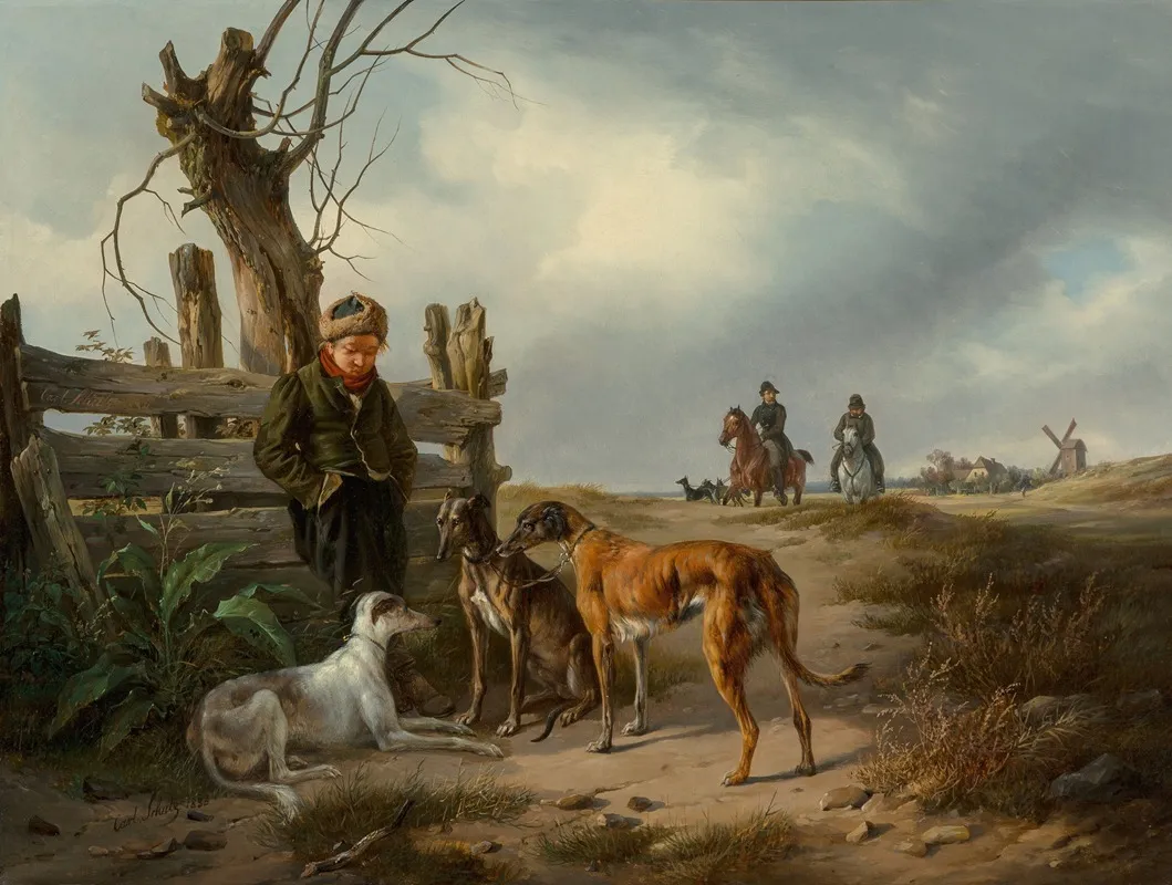 Young Boy Resting Beside A Fence With Hunting Dogs Wall Art by Carl Friedrich Schulz - High-Resolution Digital Print