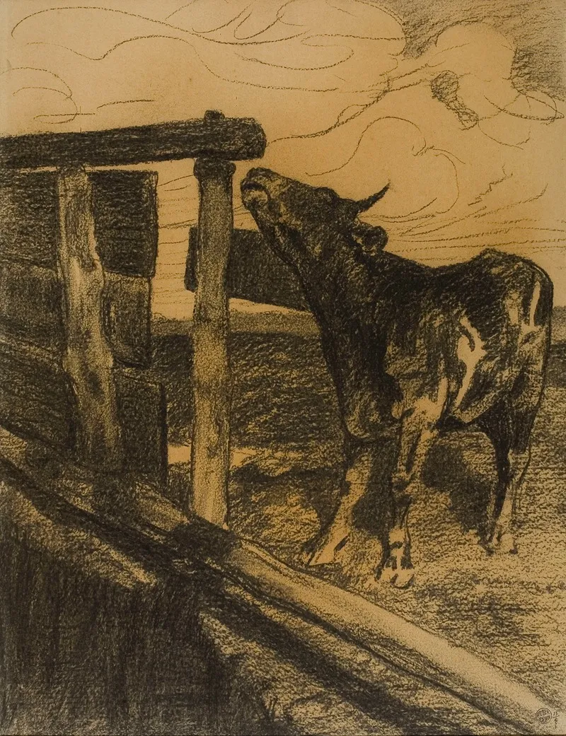 Young Bull Behind A Fence Wall Art by Jean Delvin - High-Resolution Digital Print