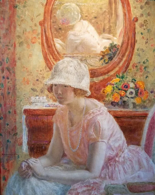 Young Girl Before A Mirror In A Pink Dress Wall Art by Frederick Carl Frieseke - High-Resolution Digital Print