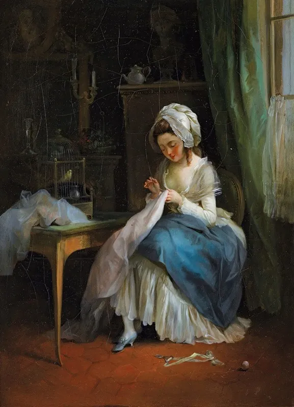 Young Girl Embroiding In An Interior Wall Art by Jean-François Garneray - High-Resolution Digital Print
