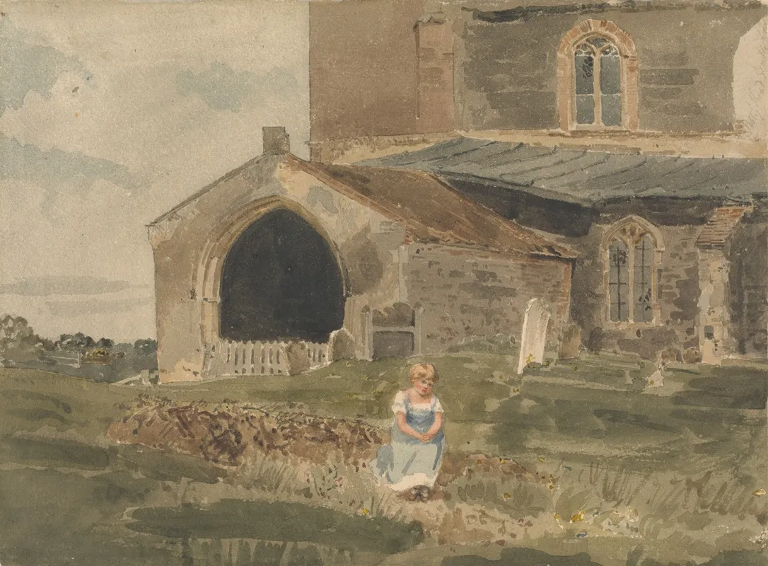 Young Girl Sitting On A Bank Outside A Church