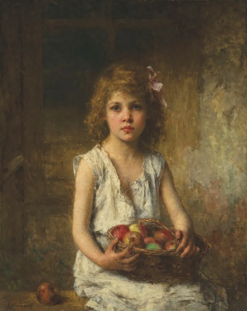 Young Girl With A Basket Of Apples Wall Art by Alexei Harlamov - High-Resolution Digital Print
