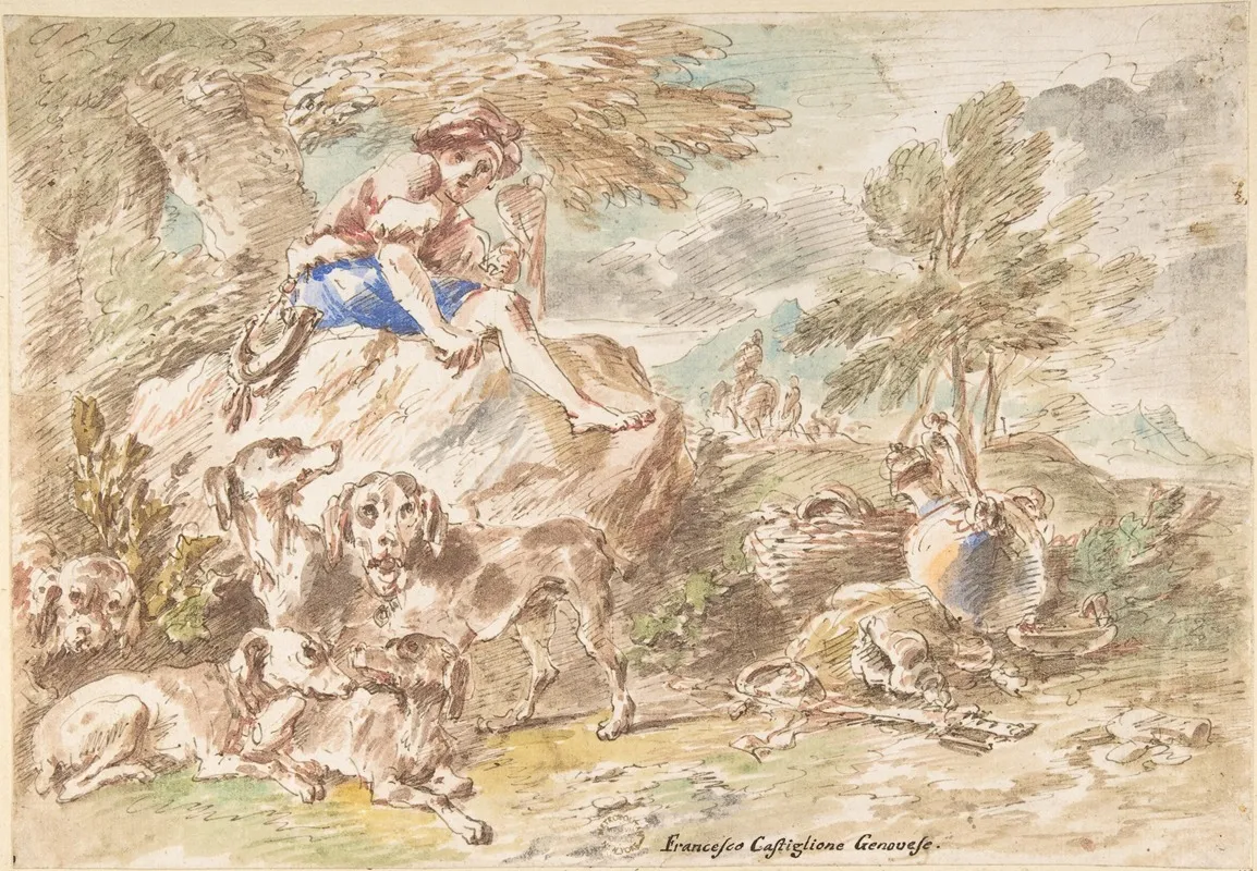 Young Hunter With His Dogs In A Landscape 2 Wall Art by Giovanni Francesco Castiglione - High-Resolution Digital Print