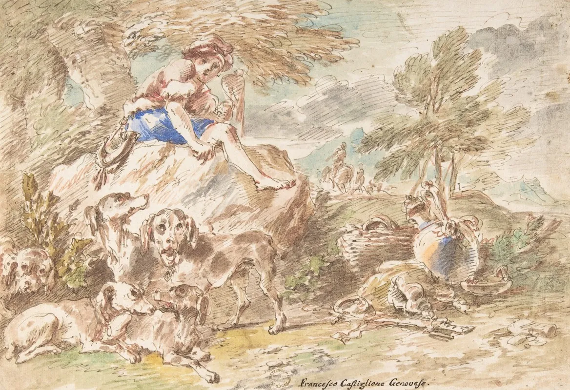 Young Hunter With His Dogs In A Landscape Wall Art by Giovanni Francesco Castiglione - High-Resolution Digital Print