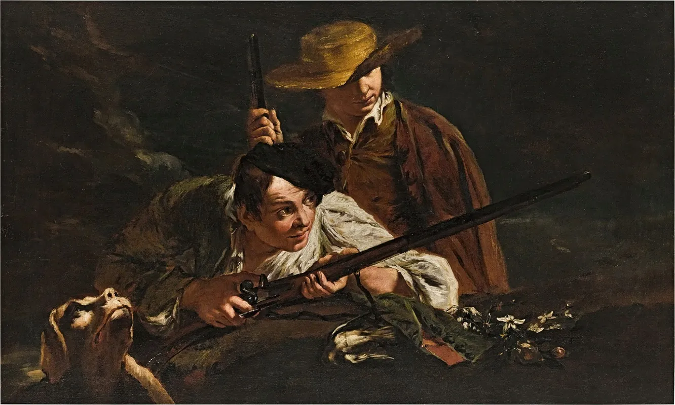 Young Hunters With A Dog Wall Art by Workshop of Giovanni Battista Piazzetta - High-Resolution Digital Print
