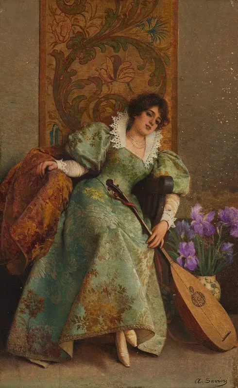 Young Lady With Lute Wall Art by Alfonso Savini - High-Resolution Digital Print