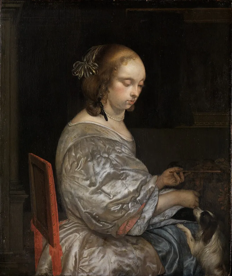 Young Lady With Puppy Wall Art by Eglon van der Neer - High-Resolution Digital Print