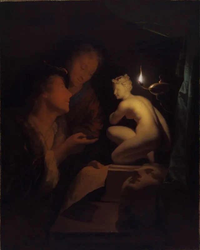 Young Man And Woman Studying A Statue Of Venus By Lamplight Wall Art by Godfried Schalcken - High-Resolution Digital Print