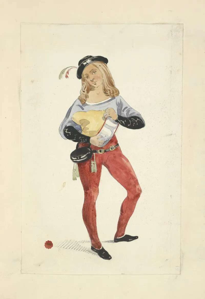 Young Man Wearing Tights Blouse Hip Belt With Purse And Hat With Feather