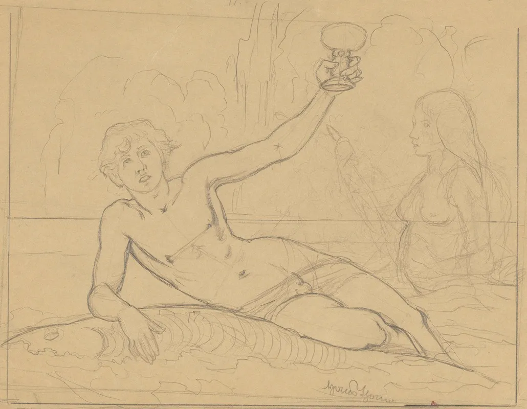 Young Man With A Chalice In His Hand Lying On A Fish With A Nereid In The Background On The Right Wall Art by Hans Thoma - High-Resolution Digital Print