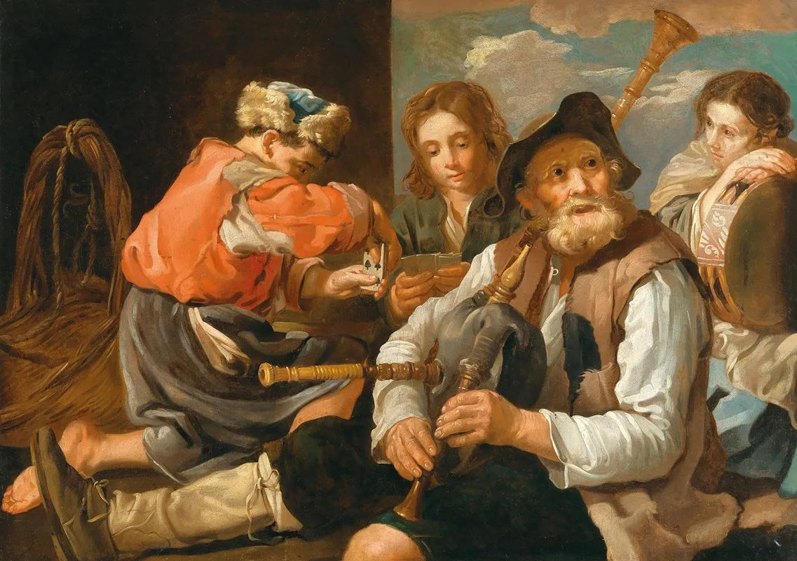 Young Men Playing Cards And A Bagpipe Player Allegory Of Hearing And Sight Wall Art by Follower of Eberhard Keil - High-Resolution Digital Print