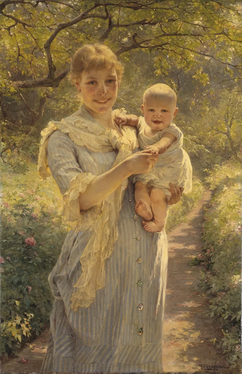 Young Mother With A Child In A Garden