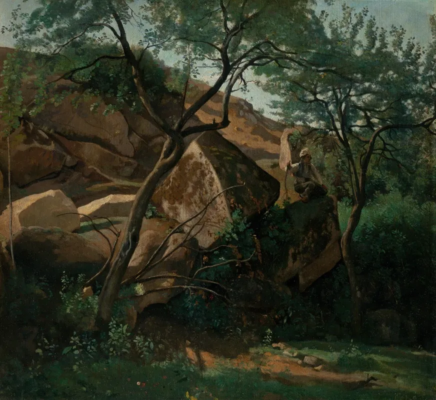 Young Shepherd Among The Rocks Forest Of Fontainebleau Wall Art by Jean-Baptiste-Camille Corot - High-Resolution Digital Print