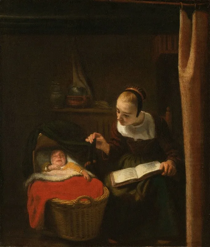 Young Woman At A Cradle Wall Art by Nicolaes Maes - High-Resolution Digital Print