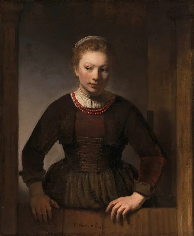 Young Woman At An Open Half Door Wall Art by Rembrandt van Rijn - High-Resolution Digital Print