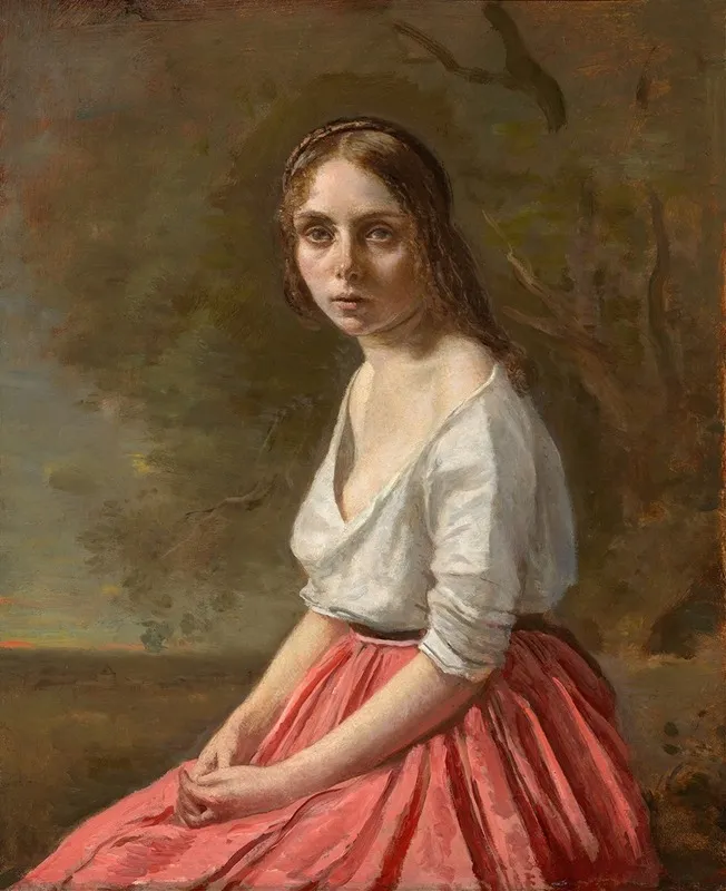 Young Woman In A Pink Skirt Wall Art by Jean-Baptiste-Camille Corot - High-Resolution Digital Print