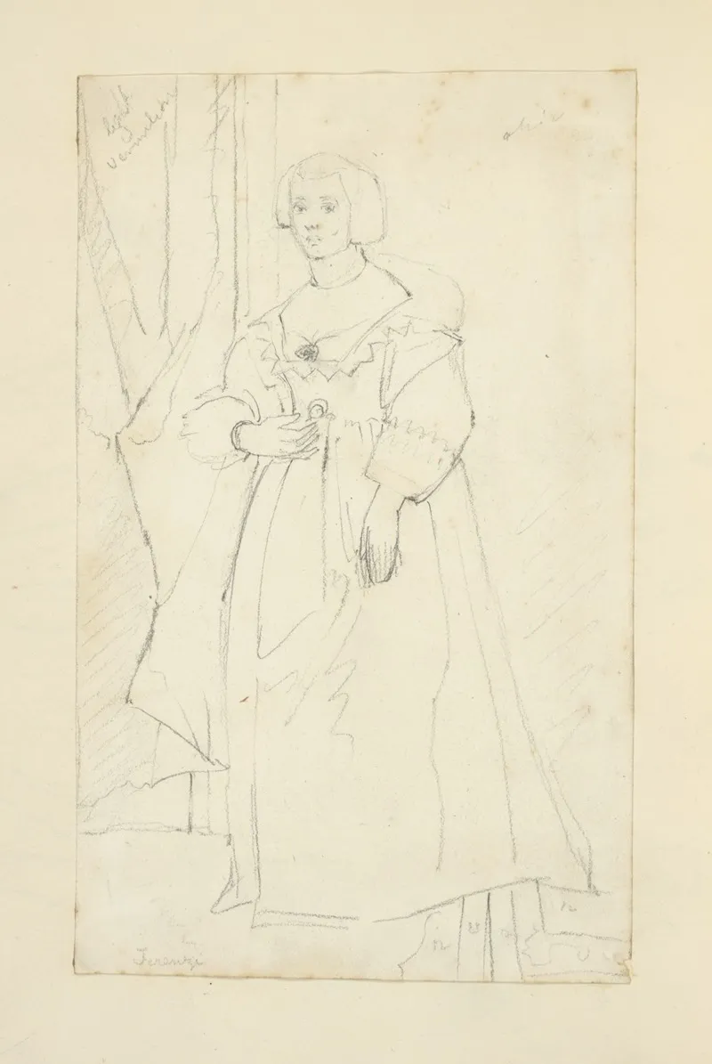 Young Woman In Long Dress With Fitted Bodice Full Sleeves And Square Deeply Cut Neckline