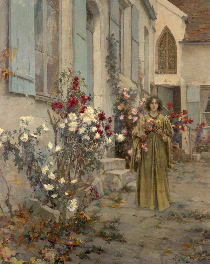 Young Woman Near A House With Rose Bushes Wall Art by Numa François Gillet - High-Resolution Digital Print