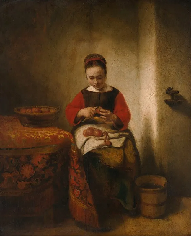 Young Woman Peeling Apples Wall Art by Nicolaes Maes - High-Resolution Digital Print
