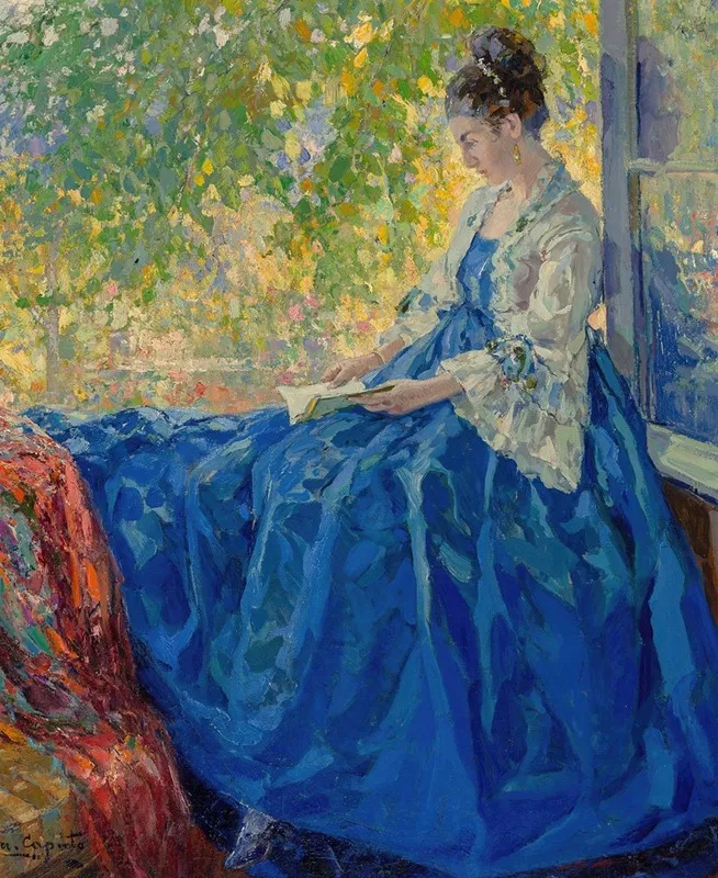 Young Woman Reading At An Open Window Wall Art by Ulisse Caputo - High-Resolution Digital Print