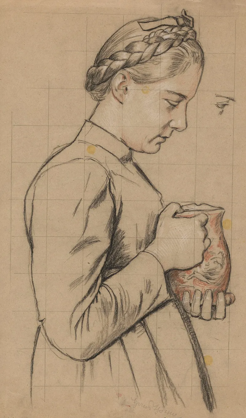 Young Woman With A Jug In Her Hands Depicted In Profile In Half Figure