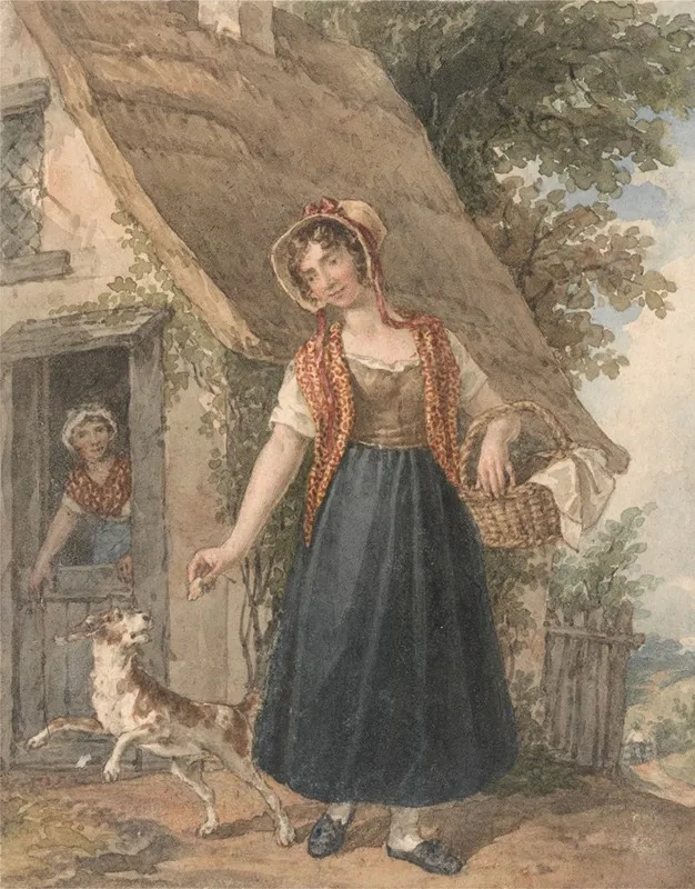 Young Woman With Dog Outside A Cottage Doorway Wall Art by John Augustus Atkinson - High-Resolution Digital Print