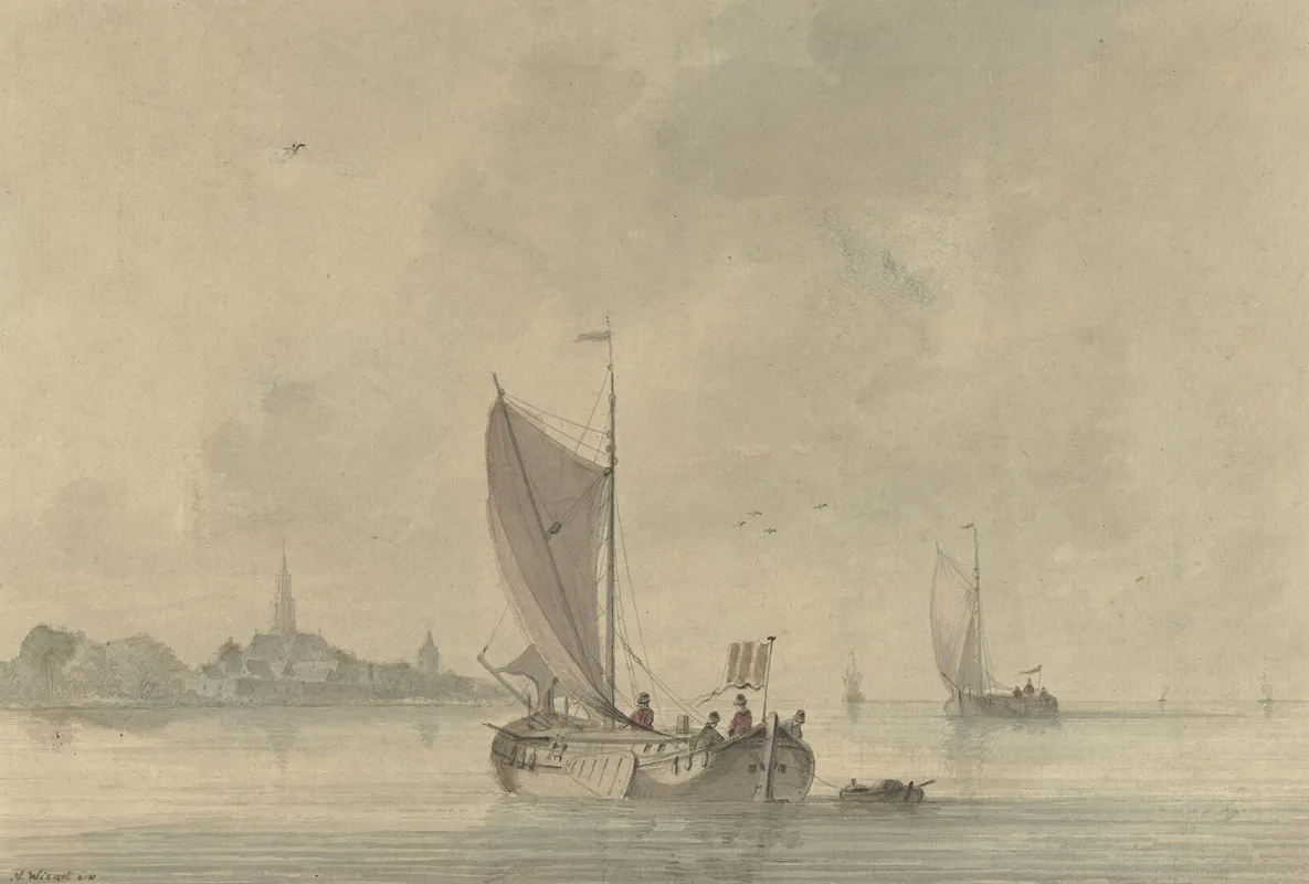 Zeilende Schuiten Op Het Water Voor Een Hollands Stadje