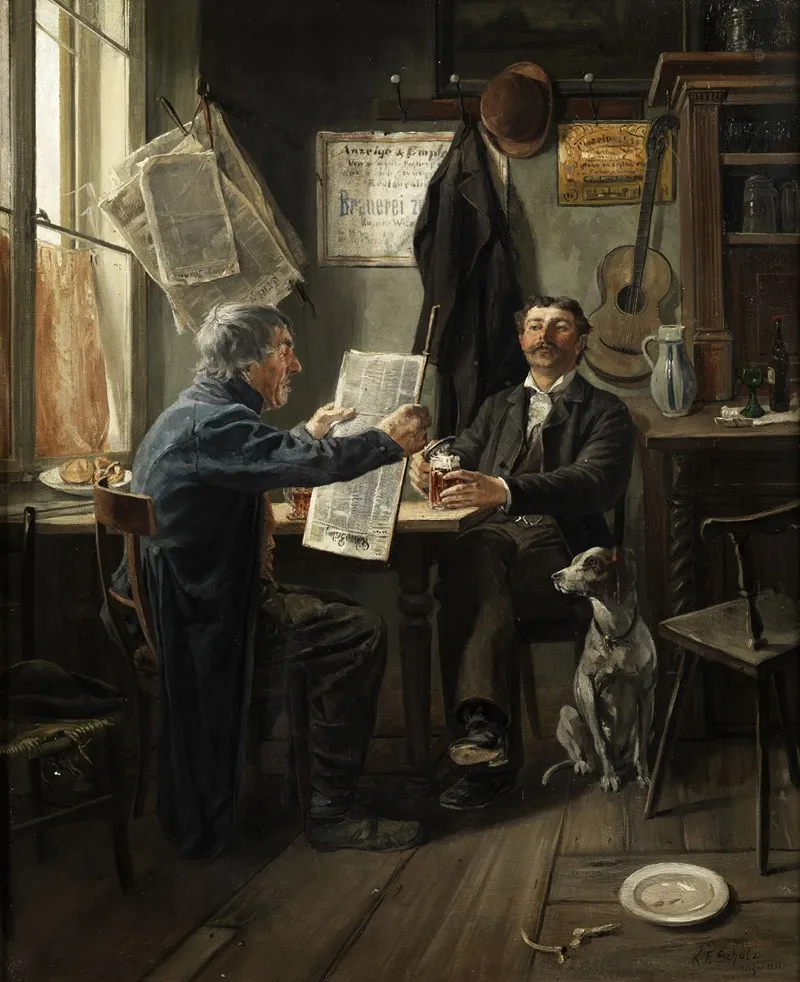 Zeitungslekture Am Biertisch Wall Art by Carl Friedrich Schulz - High-Resolution Digital Print