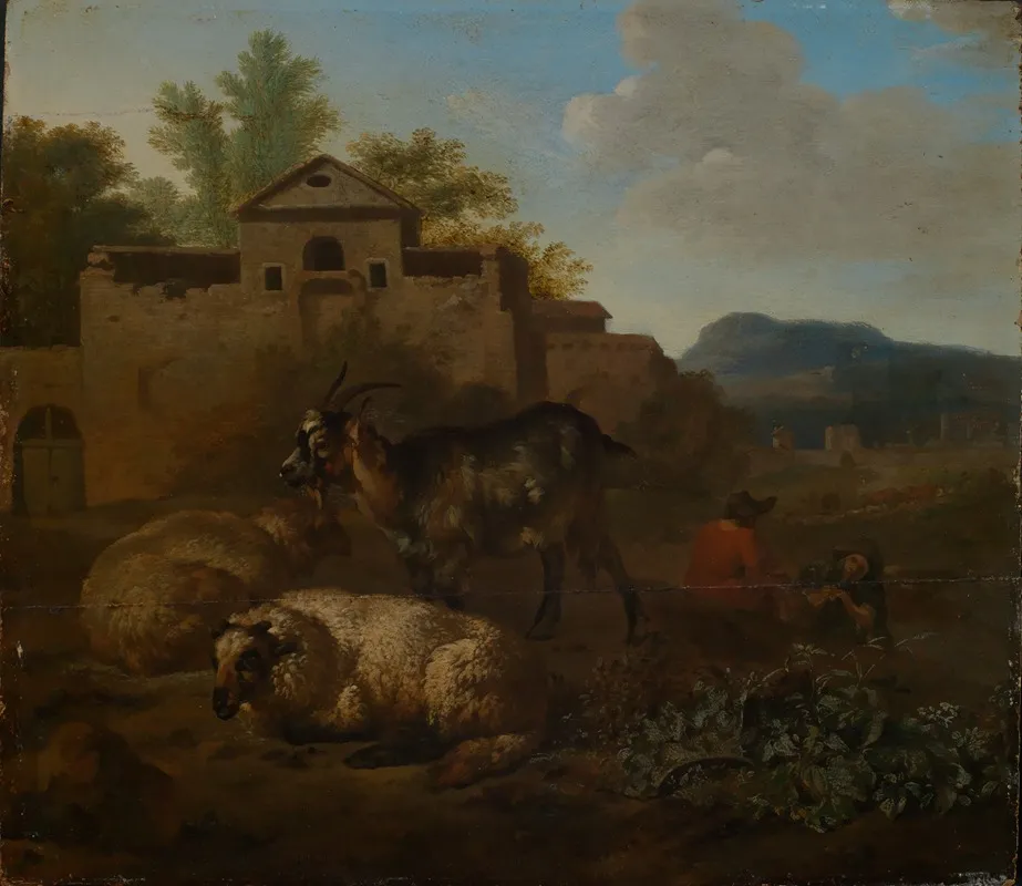 Ziege Und Schafe Mit Musizierenden Hirten In Landschaft Wall Art by Daniel de Bondt - High-Resolution Digital Print
