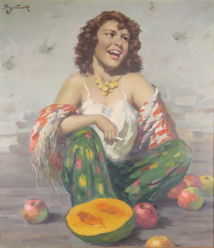 Zigaretten Rauchende Zigeunerin Mit Obst Wall Art by Rudolf Jelinek - High-Resolution Digital Print