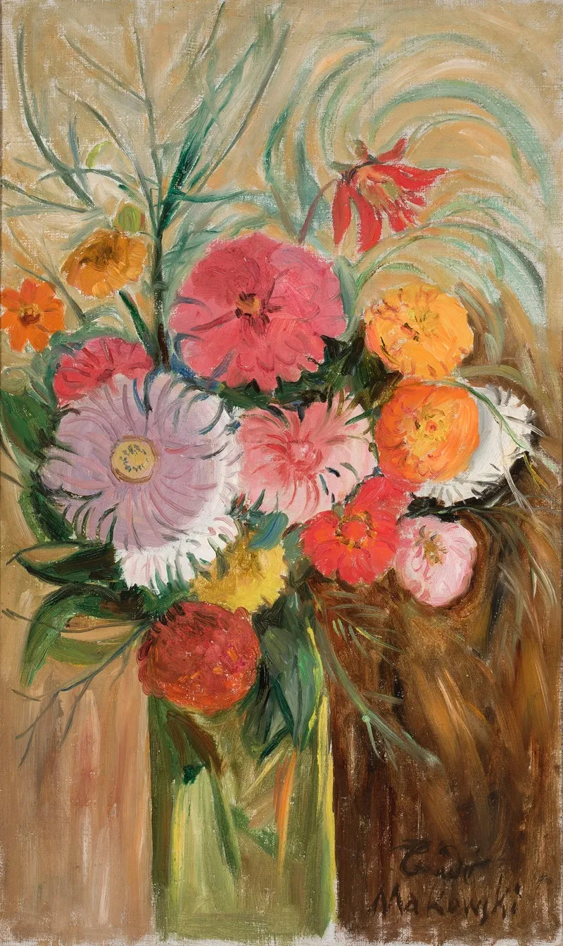 Zinnias And Asters In A Glass Jar Wall Art by Tadeusz Makowski - High-Resolution Digital Print