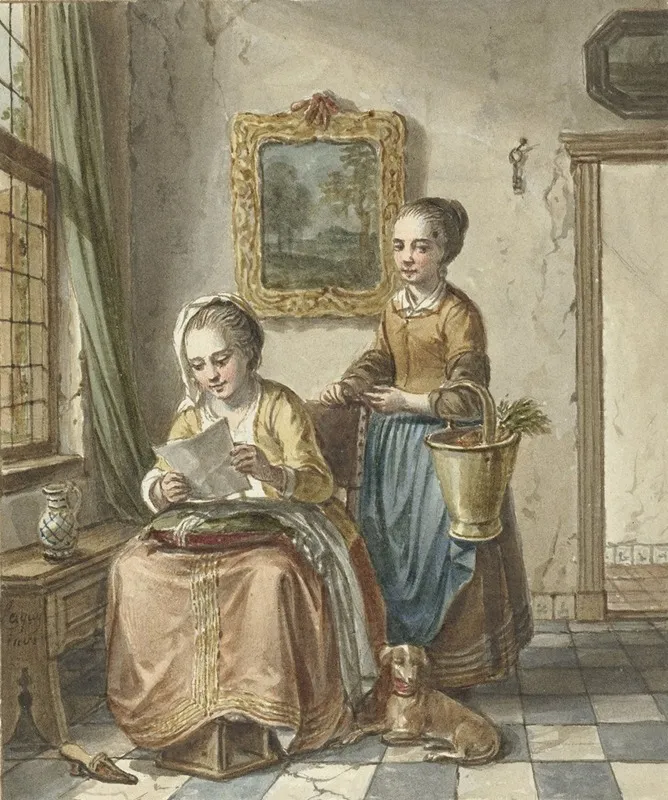 Zittende Vrouw Met Dienstmeid Een Brief Lezend Wall Art by Willem Joseph Laquy - High-Resolution Digital Print